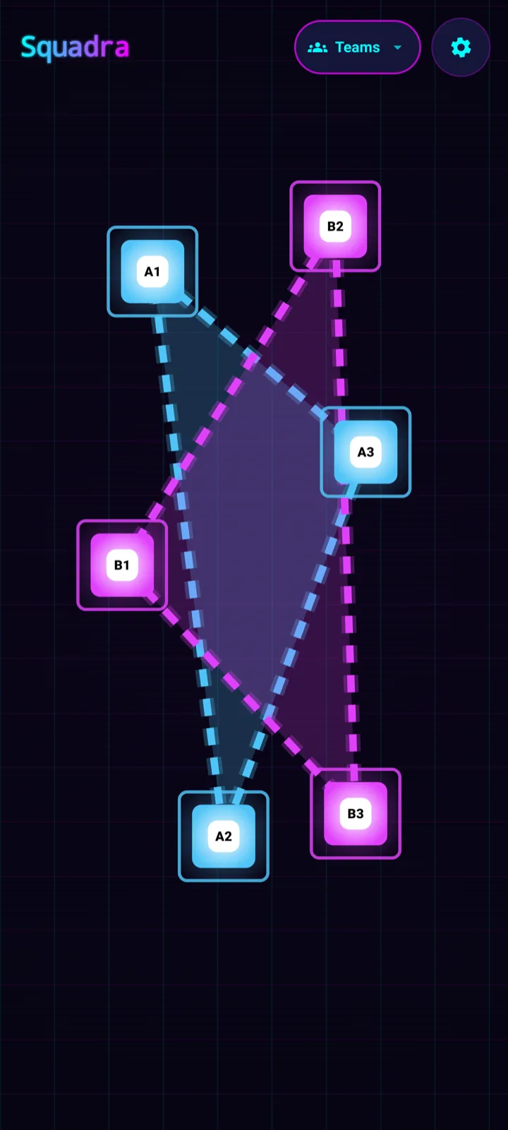 Teams mode in the Retro Arcade theme - players split into two neon teams