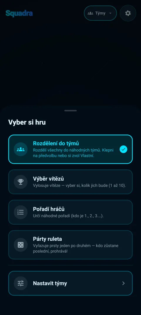 Nabídka režimů - Rozdělení do týmů, Výběr vítězů, Pořadí hráčů, Párty ruleta