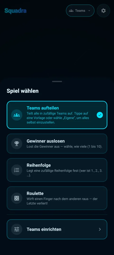 Die Modusauswahl - Teams aufteilen, Gewinner auslosen, Reihenfolge, Roulette
