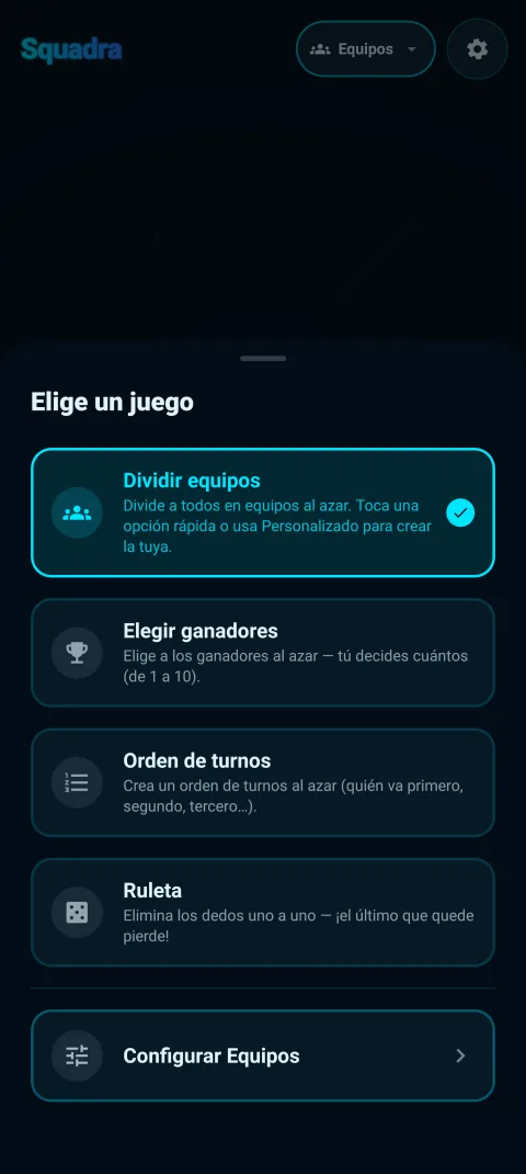 El menú de modos - Dividir equipos, Elegir ganadores, Orden de turnos, Ruleta