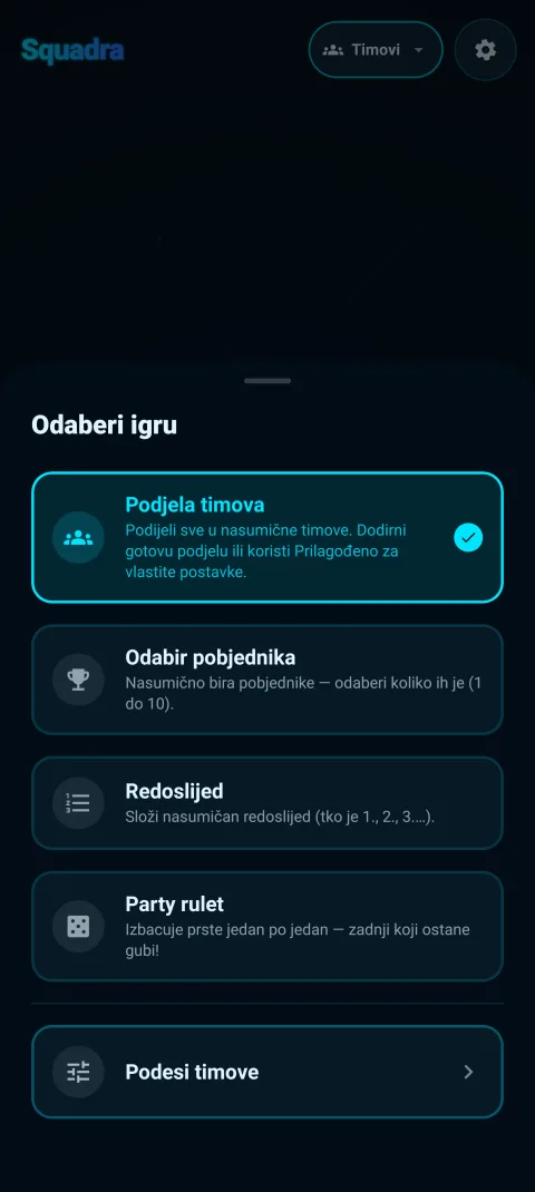 Izbornik načina igre - Podjela timova, Odabir pobjednika, Redoslijed, Party rulet