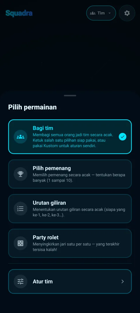 Menu pilihan mode - Bagi tim, Pilih pemenang, Urutan giliran, Party rolet