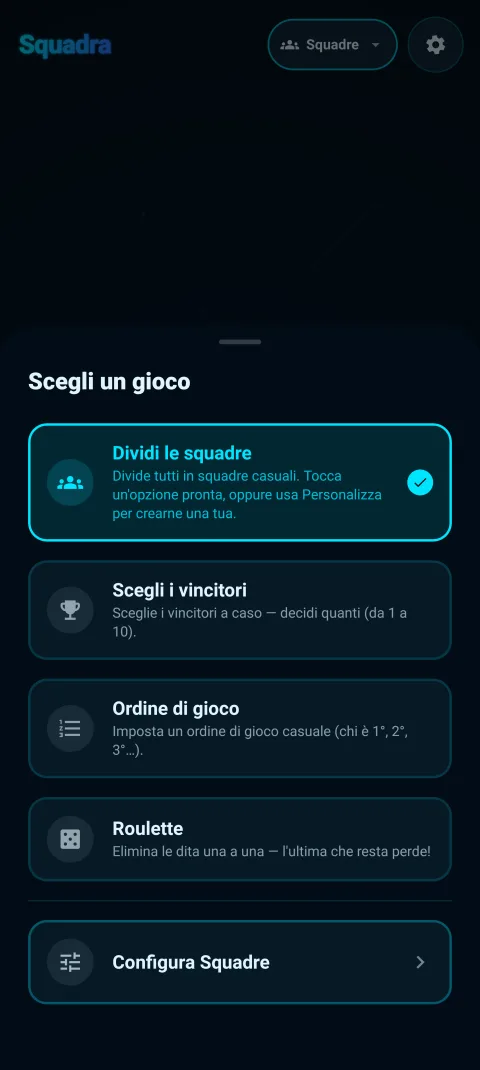 Il menu delle modalità - Dividi le squadre, Scegli i vincitori, Ordine di gioco, Roulette