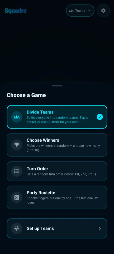 The mode picker sheet - Divide Teams, Choose Winners, Turn Order, Party Roulette