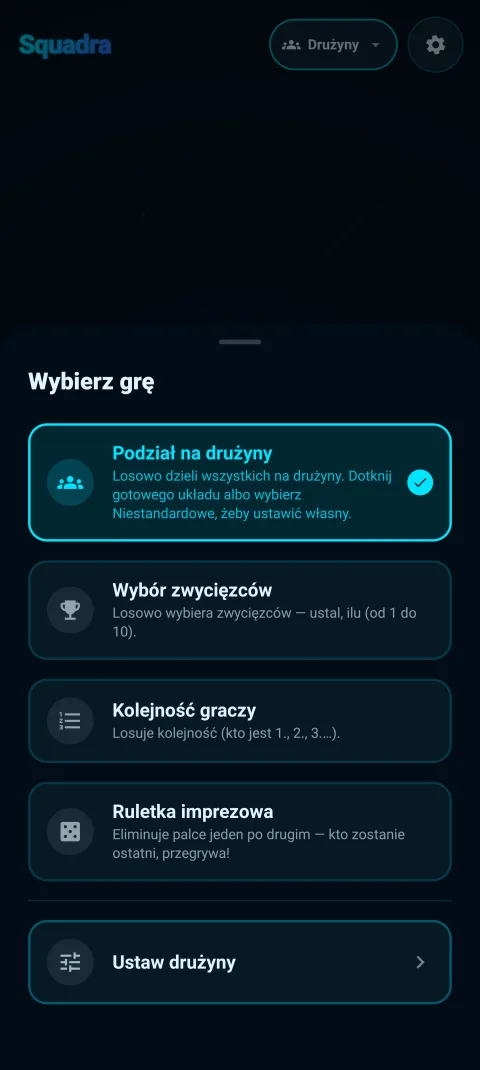 Wybór trybu - Podział na drużyny, Wybór zwycięzców, Kolejność graczy, Ruletka imprezowa