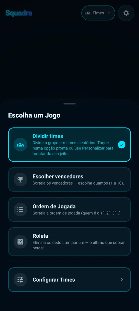 A tela de escolha de modo - Dividir times, Escolher vencedores, Ordem de Jogada, Roleta