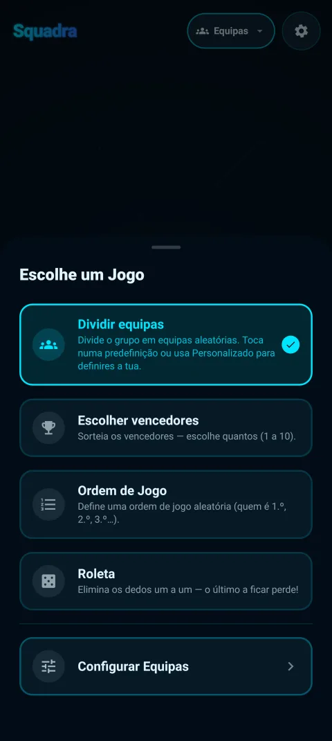O painel de escolha de modo - Dividir equipas, Escolher vencedores, Ordem de Jogo, Roleta