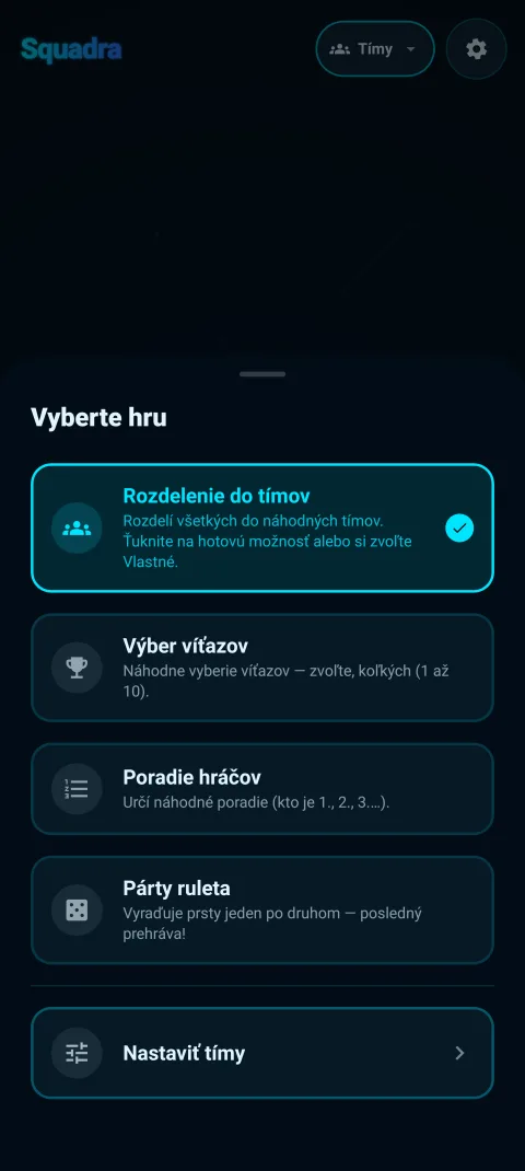 Ponuka režimov - Rozdelenie do tímov, Výber víťazov, Poradie hráčov, Párty ruleta