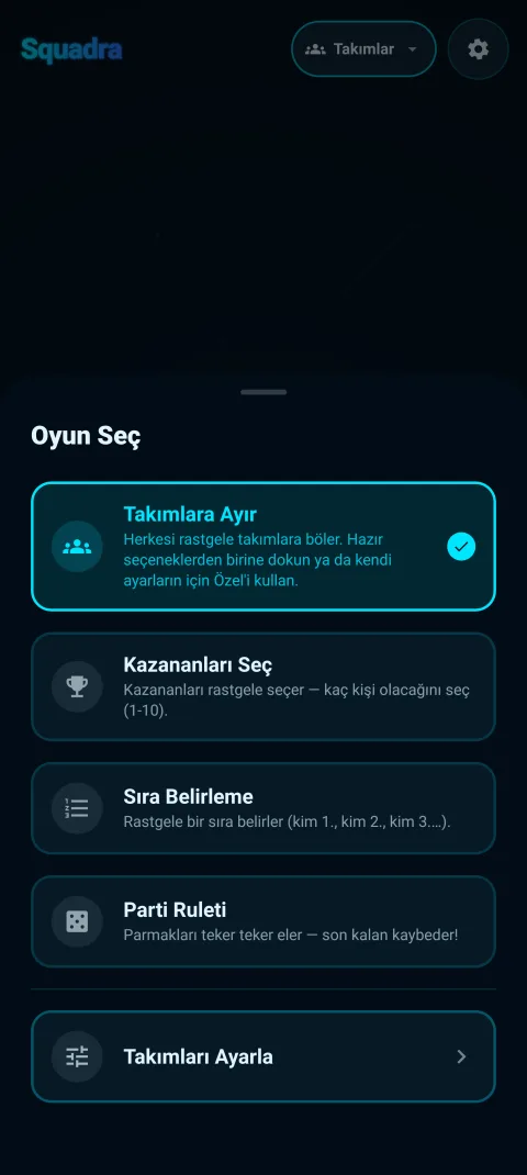 Mod seçim ekranı - Takımlara Ayırma, Kazanan Seçimi, Sıra Belirleme, Parti Ruleti